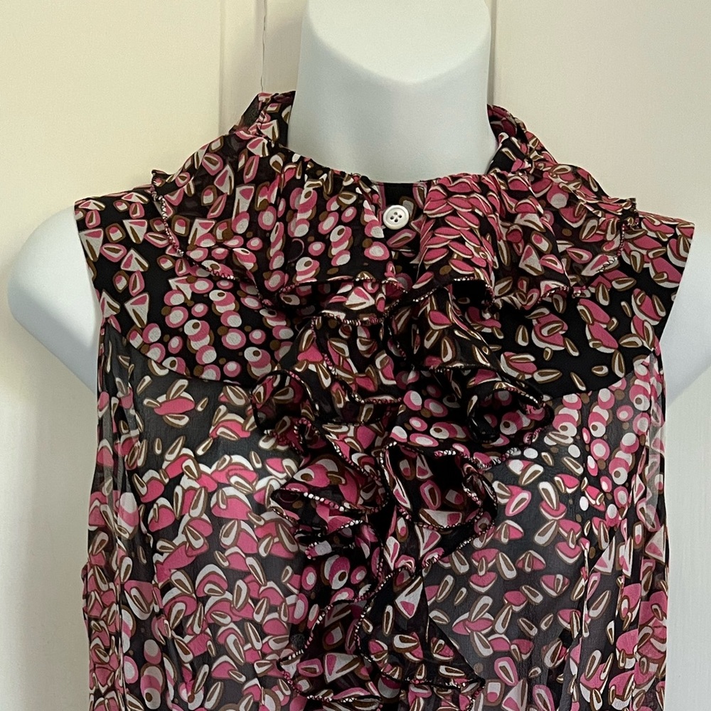 100% Silk sheer sleeveless blouse with ruffle neck Black Pink Beige White Sz 8